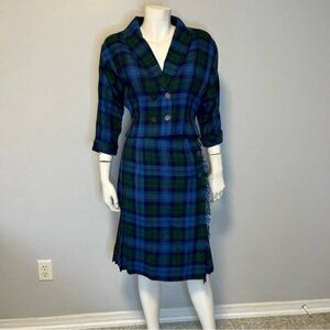 Vintage Two Piece set Blue Green Blazer Top with Pleated Tartan Skirt Size Small